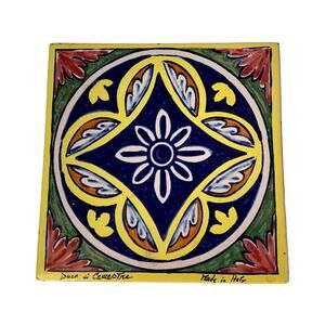 Pier 1 Duca Di Camastra Hand Painted Ceramic Tile Floral Trivet Italy 7.5"